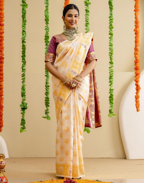 Vasthrlay Banarasi Cream Saree With Pink Unstitched Blouse Piece