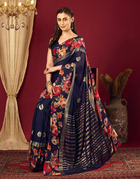 Vasthrlay Georgette Printed Unstitched Rani Pink Saree