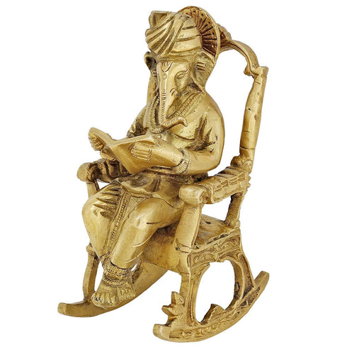AONA Brass Statue Hindu Art Ganesha Seated on a Rocking Chair Reading a Book, 7 Inches
