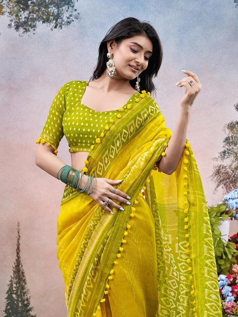 Vasthrlay Chanderi Printed Unstitched Yellow Saree