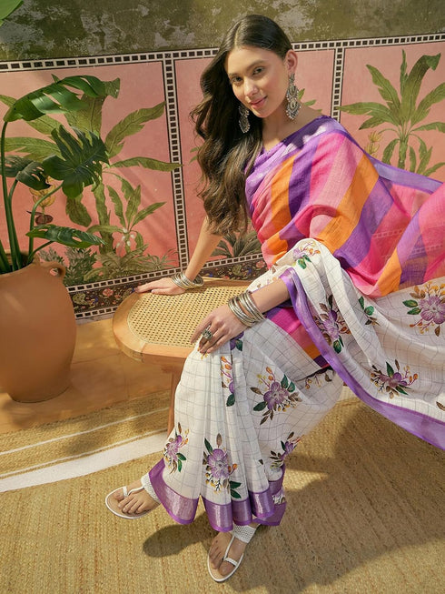 Vasthrlay Womens Printed Unstitched White Saree