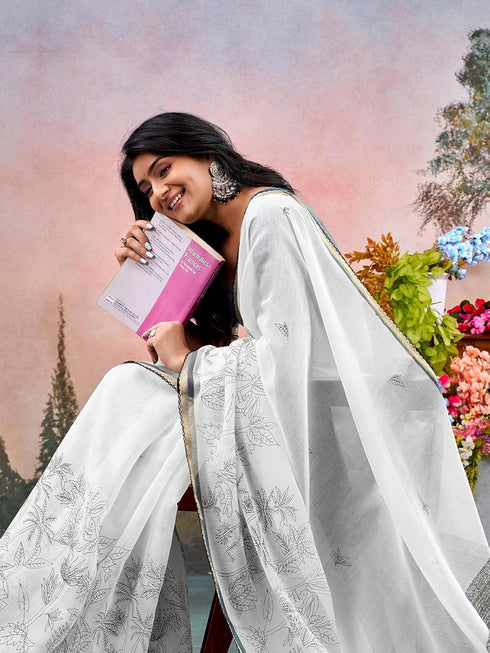 Vasthrlay Chanderi Printed Unstitched Off White Saree