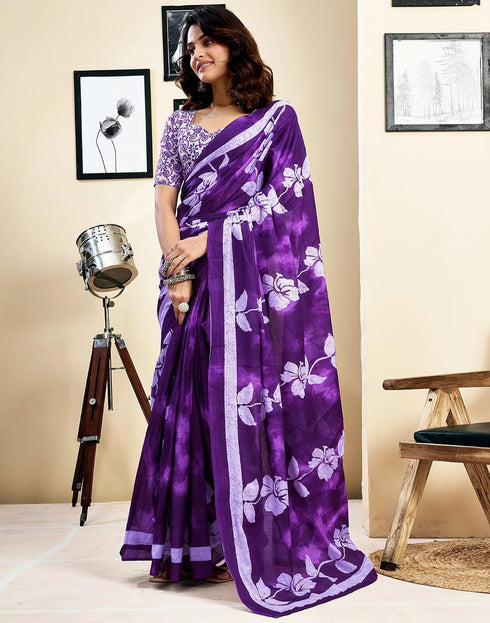 Vasthrlay Womens Printed Purple Saree With Unstitched Blouse Piece