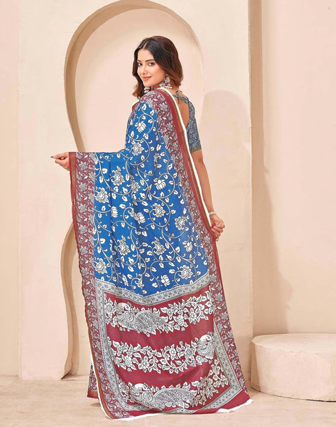 Vasthrlay Kalamkari Printed Unstitched Blue Saree