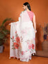 Vasthrlay White Leaf Print Organza Saree With Mustard Piping And Ruched Sleeveless Unstitched Blouse Piece