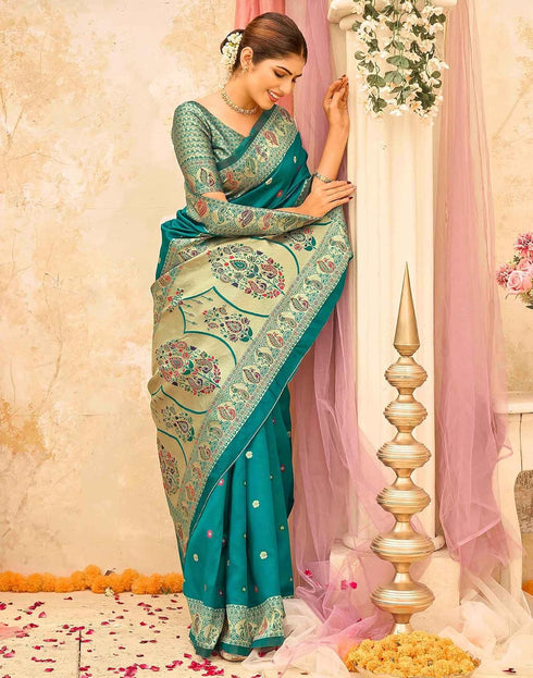 Vasthrlay Weaving Paithani Teal Green | Gold Saree With Unstitched Blouse Piece