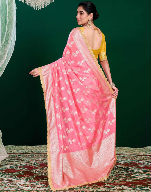 Vasthrlay Banarasi Jacquard Baby Pink Saree With Yellow Unstitched Blouse Piece