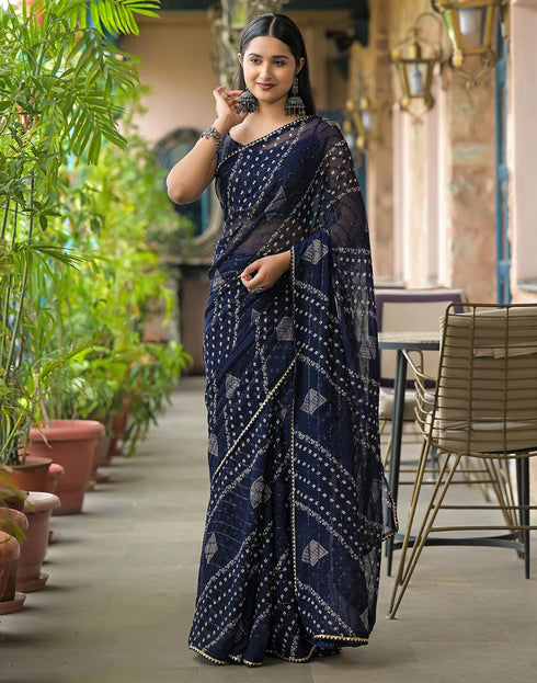 Vasthrlay Georgette Bandhani Navy Blue Saree With Unstitched Blouse Piece