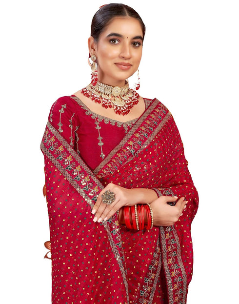 Vasthrlay Bandhani Embroidery Red Saree With Unstitched Blouse Piece