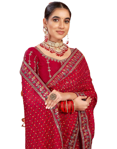 Vasthrlay Bandhani Embroidery Unstitched Rama Green Saree