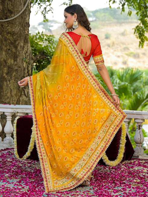 Vasthrlay Bandhani Embroidery Red Saree