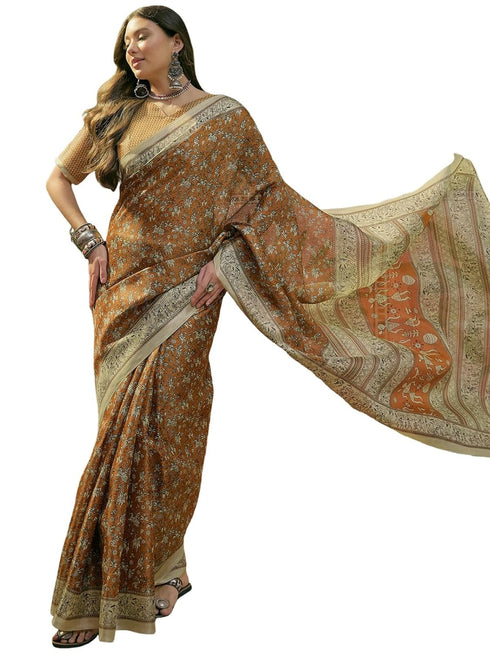Vasthrlay Womens Printed Unstitched Beige Saree