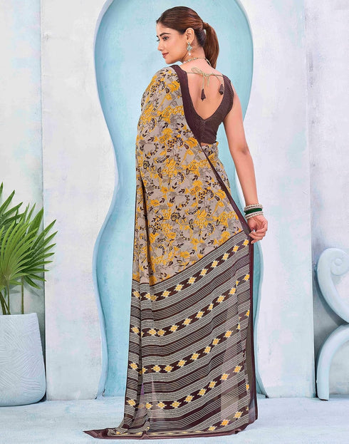 Vasthrlay Georgette Bandhani Grey Saree With Brown Unstitched Blouse Piece