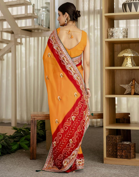 Vasthrlay Georgette Embroidery Unstitched Turmeric Yellow Saree