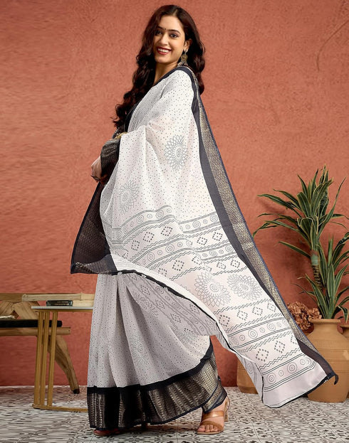 Vasthrlay Womens Printed White And Black Saree With Unstitched Blouse Piece