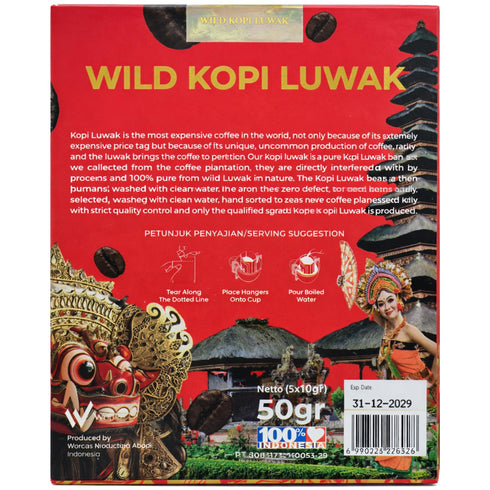 Worcas Wild Kopi Luwak Bali Kintamani Drip Coffee Sachets 5 x 10g