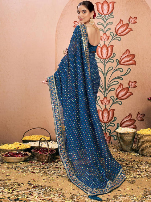 Vasthrlay Embroidery Bandhani Unstitched Rama Green Saree