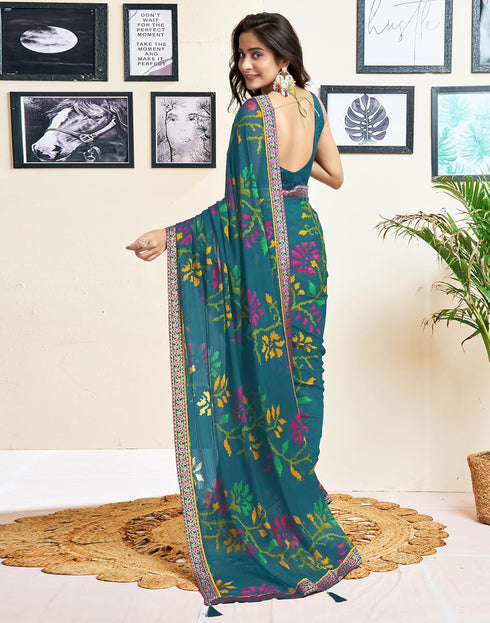 Vasthrlay Chiffon Tassels Unstitched Dark Green Saree