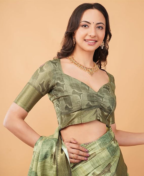 Vasthrlay Slate Lavender Geometric Print Polyester Saree With Dull Gold Zari Border And Unstitched Blouse Piece