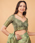 Vasthrlay Slate Lavender Geometric Print Polyester Saree With Dull Gold Zari Border And Unstitched Blouse Piece