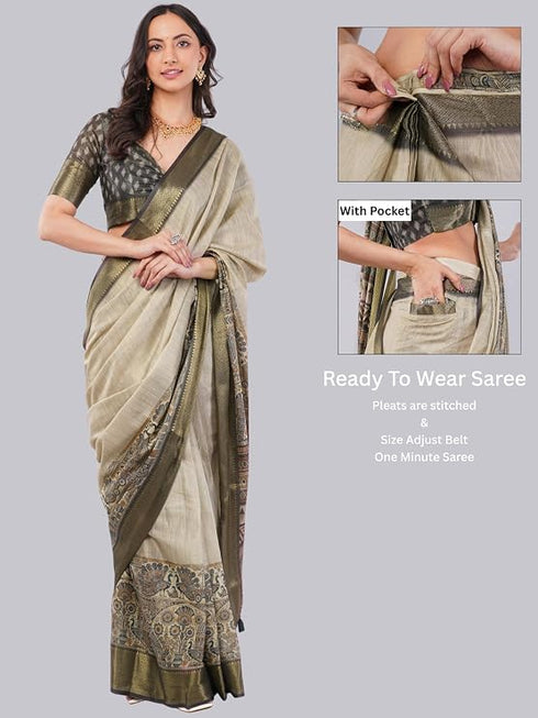 Vasthrlay Cream Striped | Floral | Solid Print Design Linen Saree