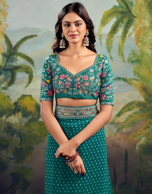 Vasthrlay Embroidery Traditional Teal Green Saree With Unstitched Blouse Piece