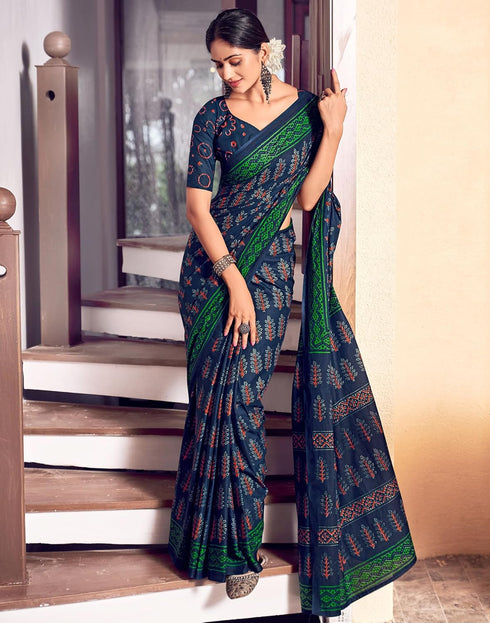 Vasthrlay Womens Printed Unstitched Green Saree