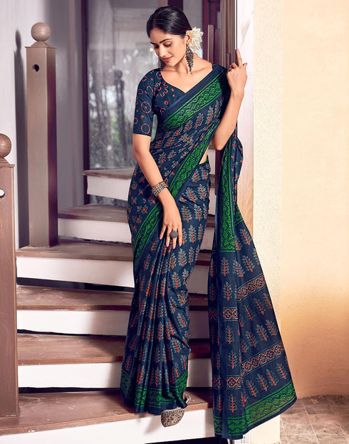 Vasthrlay Womens Printed White And Black Saree With Unstitched Blouse Piece