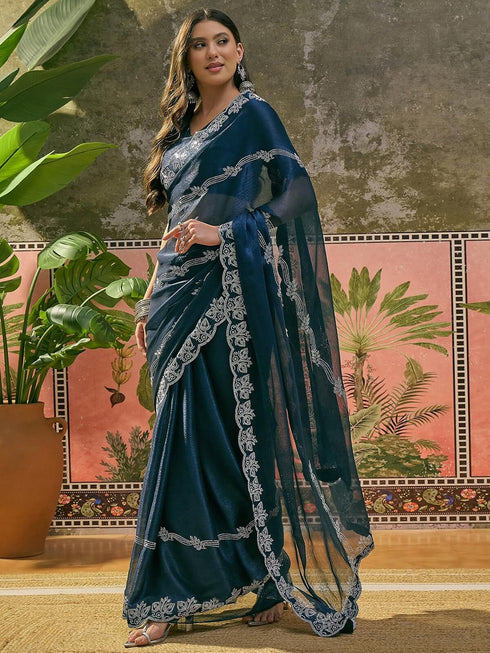 Vasthrlay Shimmer Scalloped Navy Blue Saree With Unstitched Blouse Piece