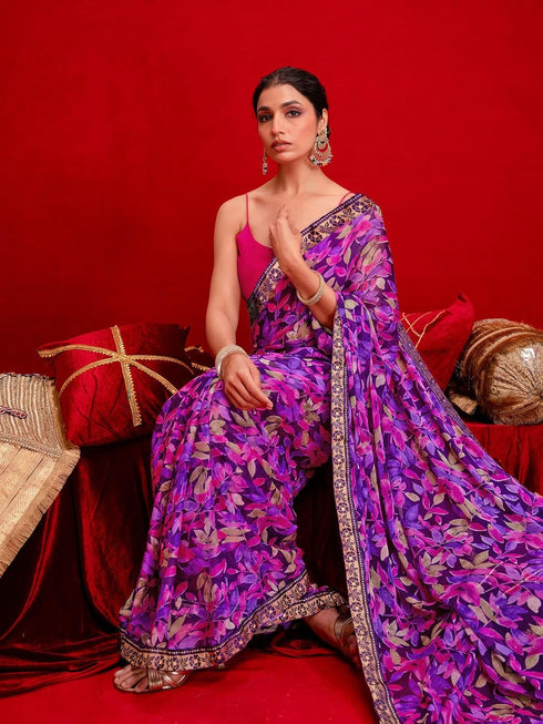 Vasthrlay Chiffon Tassels Unstitched Dark Green Saree