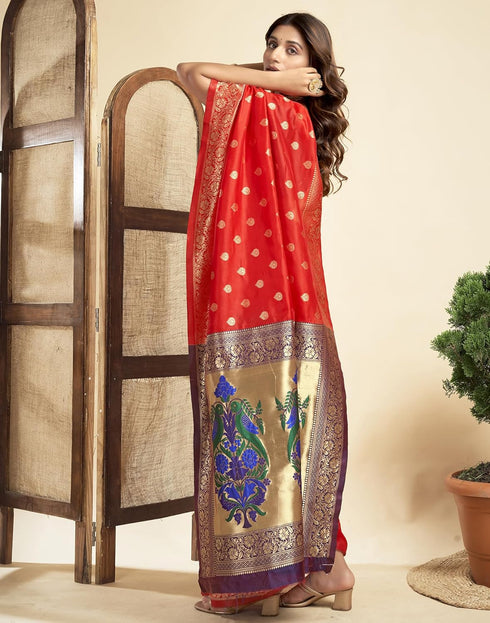 Vasthrlay Paithani Jacquard Unstitched Red Saree