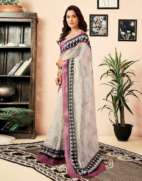 Vasthrlay Womens Printed White Saree With Black Unstitched Blouse Piece
