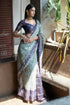 Vasthrlay Off White Green Textured Polyester Saree With Kalamkari Floral Panel| Zari Border And Unstitched Blouse Piece