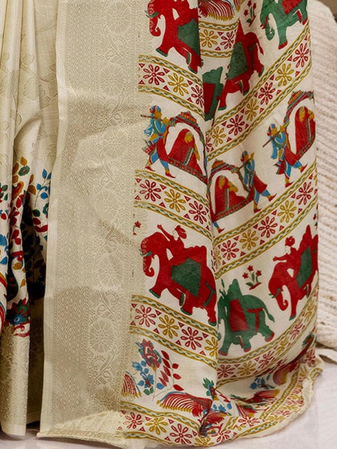 Vasthrlay Weaving Printed Off White Off White Saree