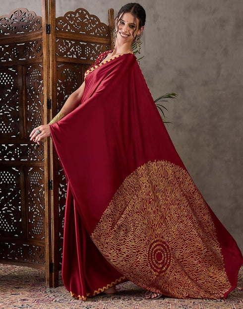 Vasthrlay Printed Tassels Unstitched Red Saree