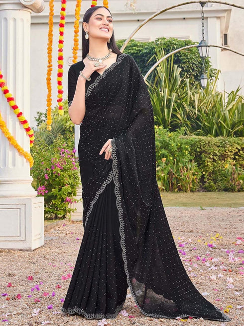 Vasthrlay Georgette Scalloped Unstitched Black Saree