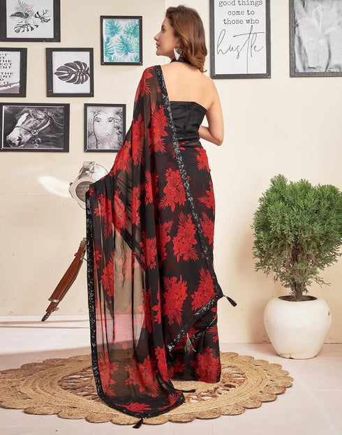 Vasthrlay Georgette Sequence Unstitched Black Saree