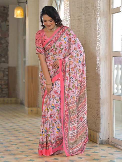 Vasthrlay Womens Printed Unstitched Baby Pink Saree