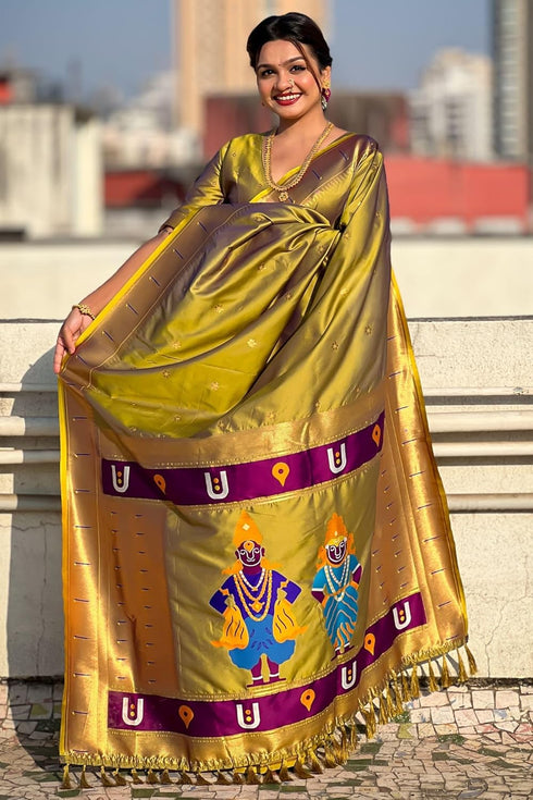 Vasthrlay Kanjivaram Paithani Unstitched Mahendi Ethnic Wear
