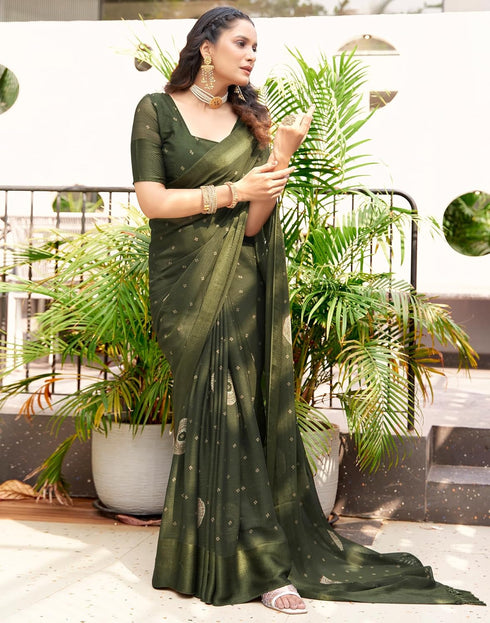 Vasthrlay Chiffon Bandhani Unstitched Olive Green Saree