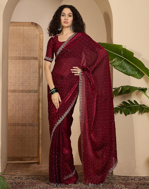 Vasthrlay Womens Scalloped Unstitched Maroon Saree