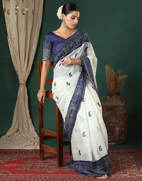 Vasthrlay Georgette Bandhani Unstitched White Saree