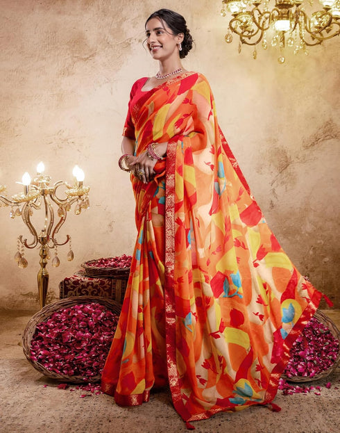 Vasthrlay Georgette Printed Unstitched Orange Saree