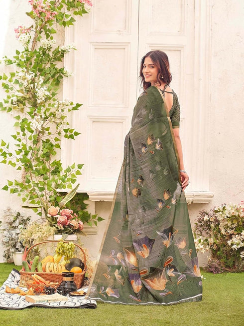 Vasthrlay Womens Printed Unstitched Sage Green Saree