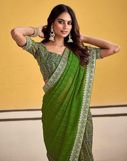 Vasthrlay Georgette Embroidery White And Black Saree With Unstitched Blouse Piece