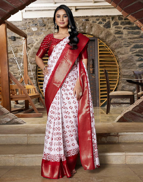 Vasthrlay Womens Printed Beige Saree With Unstitched Blouse Piece