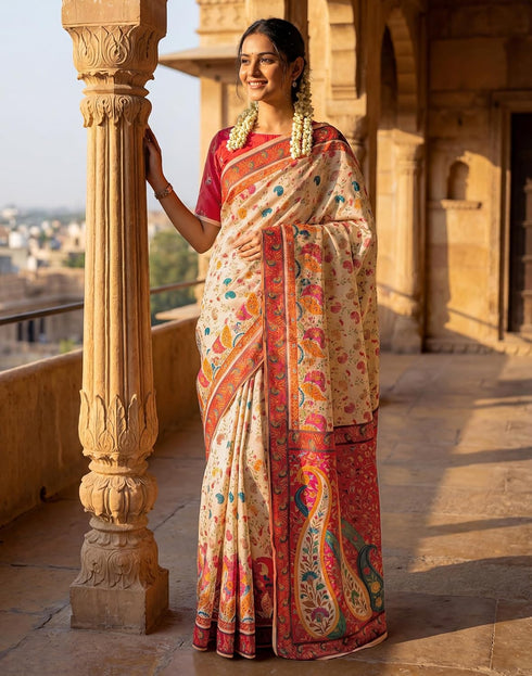Vasthrlay Banglori Printed Unstitched Peach Saree