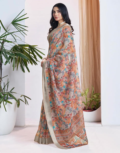 Vasthrlay Womens Printed Unstitched Cream Saree