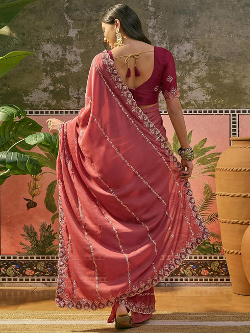 Vasthrlay Georgette Embroidery Peach Saree