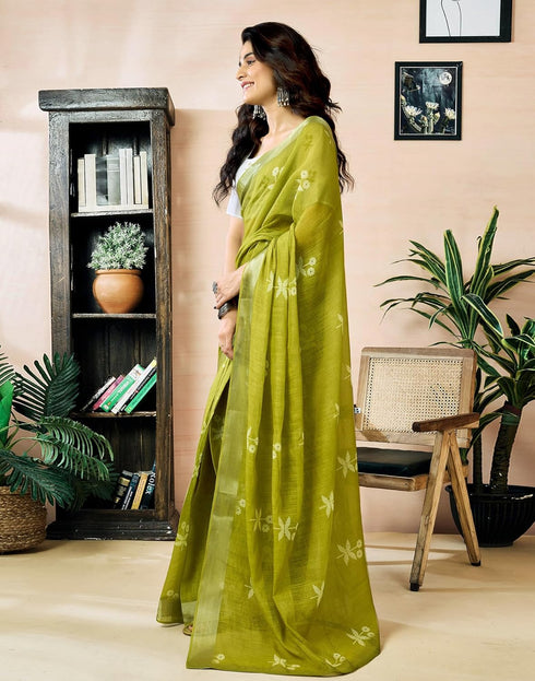 Vasthrlay Womens Printed Unstitched Olive Green Saree